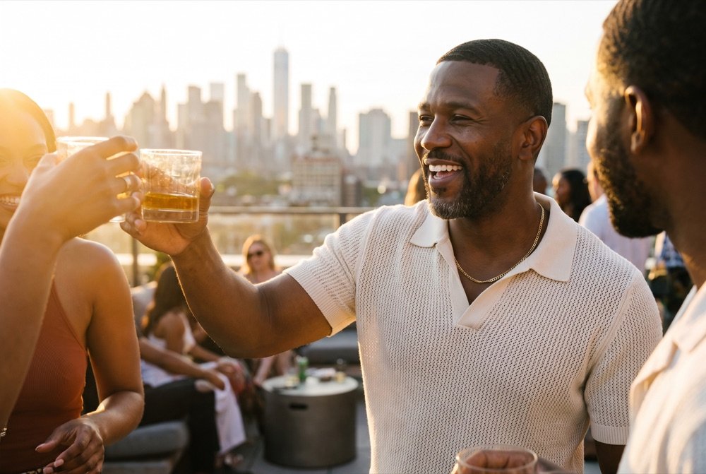 Greg toasting with friends on a rooftop at golden hour