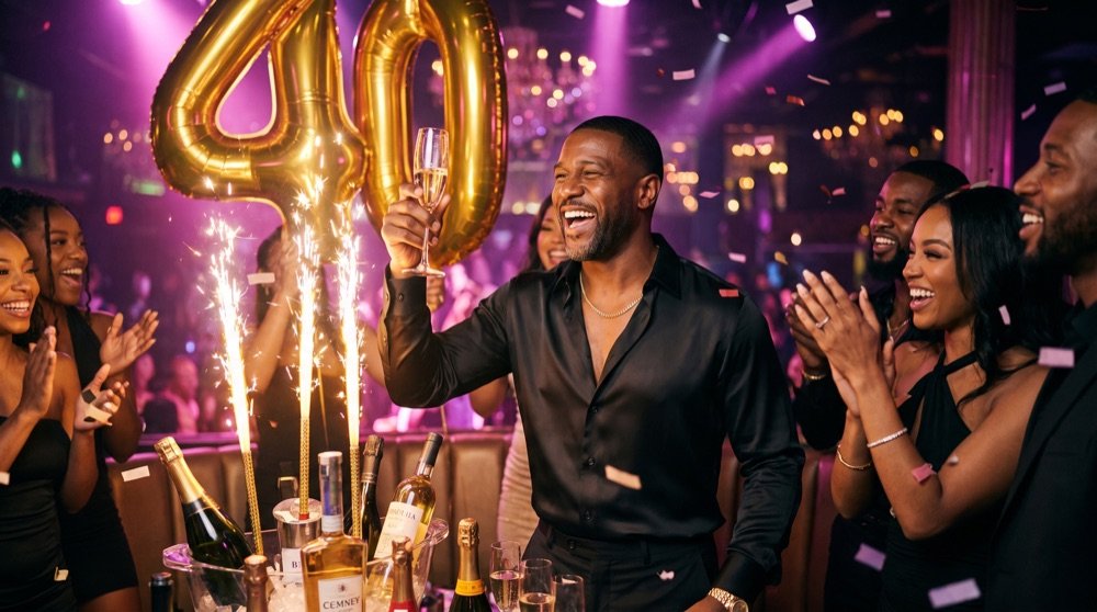 Greg raising champagne in the VIP section with gold 40 balloons and sparklers