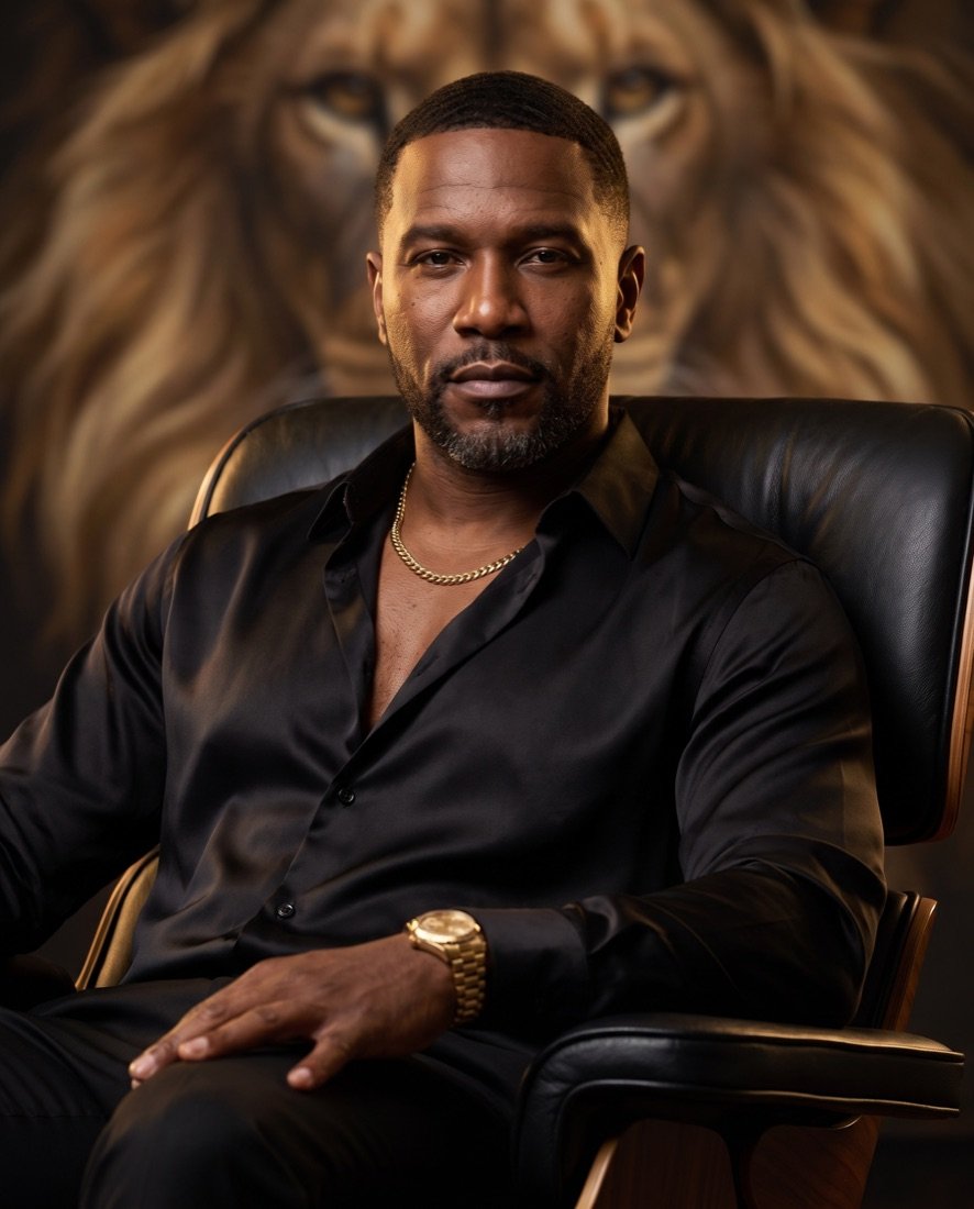 Greg Johnson in a black silk shirt and gold chain, seated in a leather chair in front of a gold lion backdrop